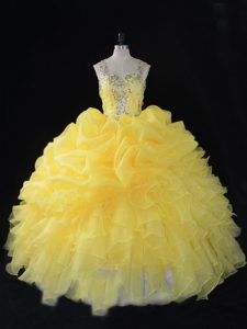 Floor Length Yellow Quince Ball Gowns Organza Sleeveless Beading and Ruffles and Pick Ups