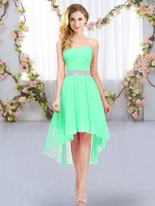 Graceful Green Sleeveless High Low Belt Lace Up Dama Dress for Quinceanera