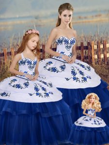 Royal Blue Ball Gowns Sweetheart Sleeveless Tulle Floor Length Lace Up Embroidery and Bowknot 15 Quinceanera Dress