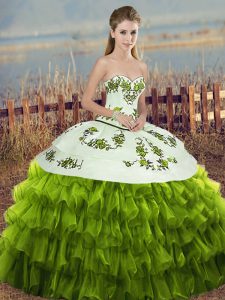 Olive Green Sleeveless Embroidery and Ruffled Layers and Bowknot Floor Length Quinceanera Gown