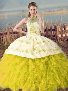 Unique Yellow Green and Yellow Organza Lace Up Halter Top Sleeveless 15 Quinceanera Dress Court Train Embroidery and Ruffles