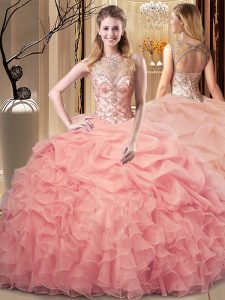 Peach Ball Gowns Beading and Ruffles and Pick Ups Vestidos de Quinceanera Lace Up Organza Sleeveless Floor Length