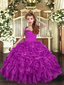 Sleeveless Organza Floor Length Lace Up Little Girls Pageant Dress in Fuchsia with Ruffles and Ruching