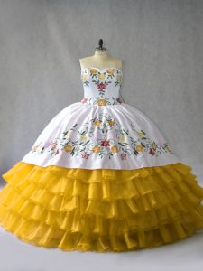 Gold Quinceanera Dresses Sweet 16 and Quinceanera with Embroidery and Ruffled Layers Sweetheart Sleeveless Lace Up
