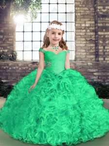 Super Fabric With Rolling Flowers Sleeveless Floor Length Little Girl Pageant Gowns and Beading and Ruffles