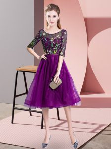 Free and Easy Purple Empire Embroidery Dama Dress for Quinceanera Lace Up Tulle Half Sleeves Knee Length
