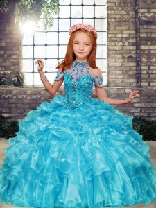 Elegant High-neck Sleeveless Organza Little Girl Pageant Dress Beading and Ruffles Lace Up