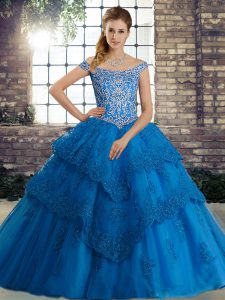 Vintage Ball Gowns Sleeveless Blue Sweet 16 Dresses Brush Train Lace Up