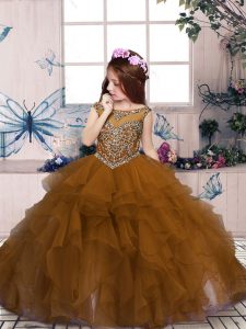 Brown Sleeveless Organza Lace Up Little Girls Pageant Dress for Party and Sweet 16 and Wedding Party
