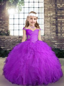 Pretty Purple Sleeveless Floor Length Beading and Ruffles Lace Up Kids Formal Wear