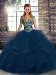 Superior Blue Tulle Lace Up Straps Sleeveless Floor Length Quinceanera Dress Beading and Ruffles