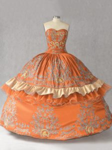 Fitting Orange Sweetheart Neckline Embroidery Ball Gown Prom Dress Sleeveless Lace Up