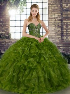 Beading and Ruffles Ball Gown Prom Dress Olive Green Lace Up Sleeveless Floor Length