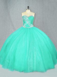 Floor Length Turquoise Sweet 16 Dress Tulle Sleeveless Beading