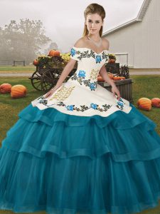 Tulle Off The Shoulder Sleeveless Brush Train Lace Up Embroidery and Ruffled Layers Ball Gown Prom Dress in Teal
