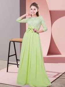 Fabulous Floor Length Yellow Green Vestidos de Damas Chiffon 3 4 Length Sleeve Lace and Belt