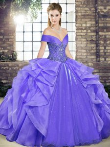 Glamorous Floor Length Lavender Vestidos de Quinceanera Off The Shoulder Sleeveless Lace Up