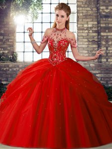 Red Halter Top Lace Up Beading and Pick Ups Sweet 16 Quinceanera Dress Brush Train Sleeveless