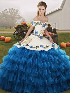 Organza Off The Shoulder Sleeveless Lace Up Embroidery and Ruffled Layers Sweet 16 Dresses in Blue And White