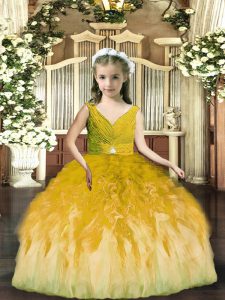 Latest Olive Green Sleeveless Floor Length Beading and Ruffles Backless Little Girls Pageant Gowns