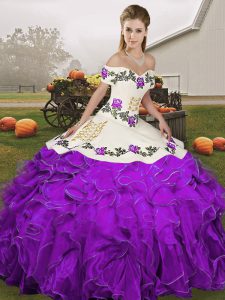 Attractive Off The Shoulder Sleeveless Organza Quinceanera Gown Embroidery and Ruffles Lace Up