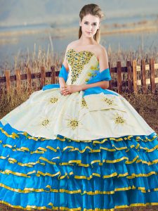Floor Length Blue And White Quinceanera Gown Organza Sleeveless Beading and Ruffled Layers