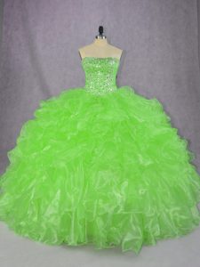 Strapless Sleeveless Organza Quince Ball Gowns Beading and Ruffles Lace Up