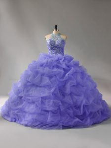 Free and Easy Lavender Organza Lace Up Ball Gown Prom Dress Sleeveless Court Train Beading and Pick Ups