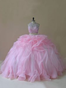 Ruffles Sweet 16 Dresses Baby Pink Lace Up Sleeveless Brush Train