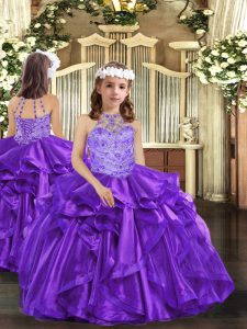 High-neck Sleeveless Lace Up Little Girls Pageant Dress Wholesale Purple Organza