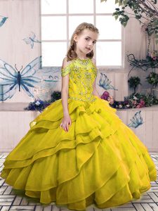 Sleeveless Organza Floor Length Side Zipper Child Pageant Dress in Olive Green with Beading and Ruffled Layers