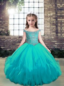 Off The Shoulder Sleeveless Tulle Child Pageant Dress Beading Lace Up