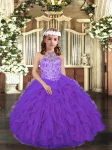 Fashion Scoop Sleeveless Tulle Child Pageant Dress Beading and Ruffles Lace Up