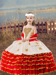 Red Straps Neckline Beading and Embroidery and Ruffled Layers Kids Pageant Dress Sleeveless Lace Up
