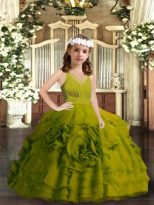 Olive Green Straps Zipper Ruffled Layers Pageant Gowns For Girls Sleeveless