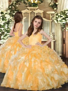Gold Straps Lace Up Ruffles Pageant Gowns For Girls Sleeveless