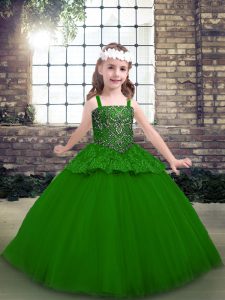 Lovely Ball Gowns Kids Pageant Dress Green Straps Tulle Sleeveless Floor Length Lace Up