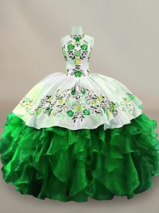 Customized Green Organza Lace Up Halter Top Sleeveless Floor Length Quinceanera Gown Embroidery and Ruffles