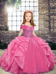 Gorgeous Straps Sleeveless Lace Up Little Girls Pageant Gowns Pink Organza