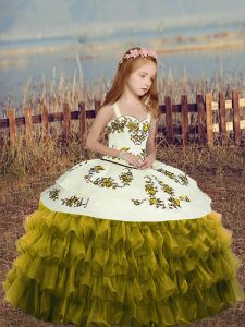 Olive Green Sleeveless Embroidery and Ruffles Floor Length Little Girls Pageant Dress Wholesale