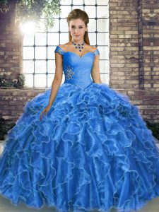 Blue Organza Lace Up Off The Shoulder Sleeveless Ball Gown Prom Dress Brush Train Beading and Ruffles