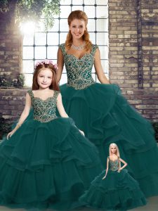 Shining Peacock Green Sleeveless Beading and Ruffles Floor Length 15 Quinceanera Dress