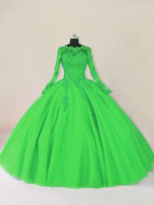 Long Sleeves Floor Length Lace Zipper Quinceanera Gown with Green