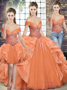 Affordable Orange Lace Up Sweet 16 Dresses Beading and Ruffles Sleeveless Floor Length