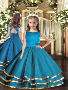 Low Price Scoop Sleeveless Lace Up Kids Pageant Dress Teal Organza