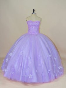 Popular Lavender Ball Gowns Sweetheart Sleeveless Tulle Floor Length Backless Beading and Hand Made Flower Quinceanera Dress