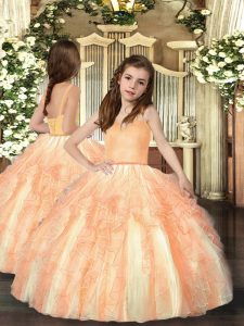 Perfect Orange Tulle Lace Up Straps Sleeveless Floor Length Little Girls Pageant Dress Wholesale Ruffles