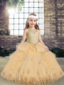 Tulle Straps Sleeveless Lace Up Appliques Girls Pageant Dresses in Champagne