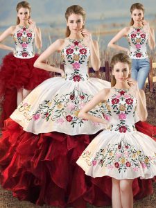 White And Red Ball Gowns Organza Halter Top Sleeveless Embroidery and Ruffles Floor Length Lace Up Sweet 16 Quinceanera Dress