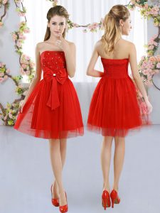 High Class Tulle Sleeveless Mini Length Dama Dress for Quinceanera and Beading and Bowknot